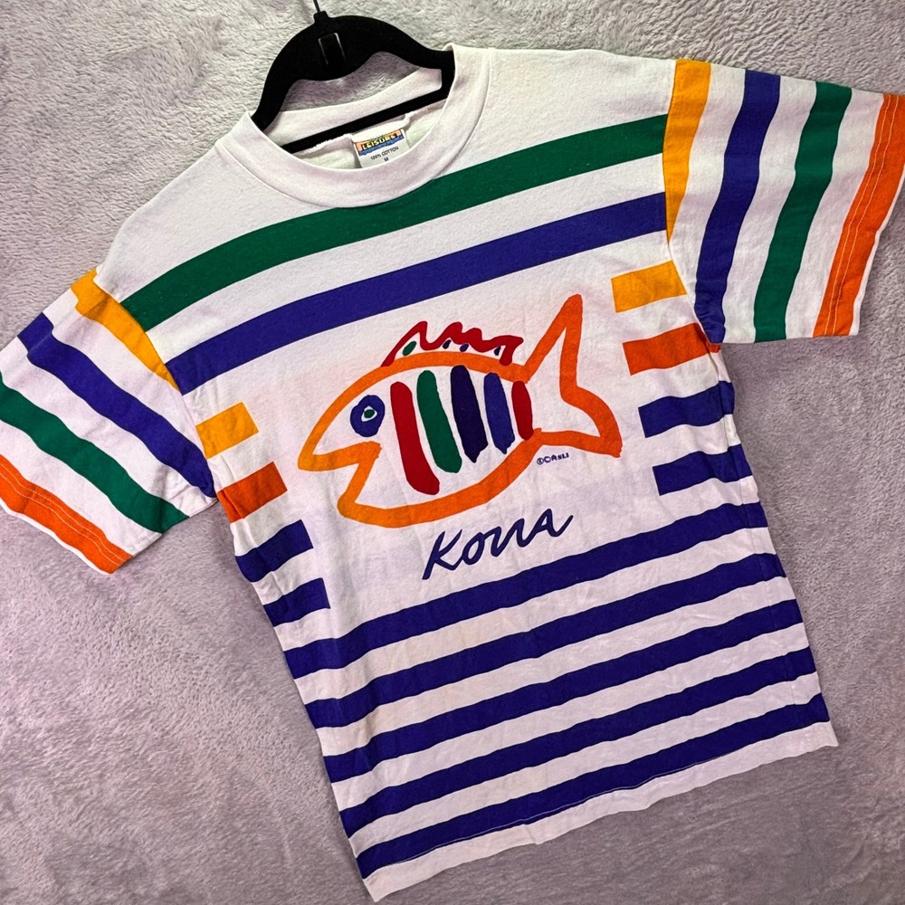 Vintage SGT Leisure Mens T-Shirt Size M White Multi Stripe Kona Fish Graphic
